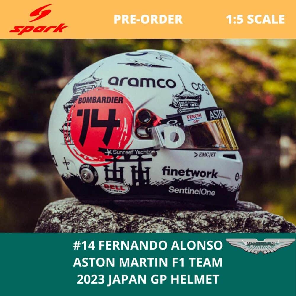 Fernando Alonso - Aston Martin F1 Team - 2023 Japan GP Helmet - 1:5 Scale Spark Helmets Model